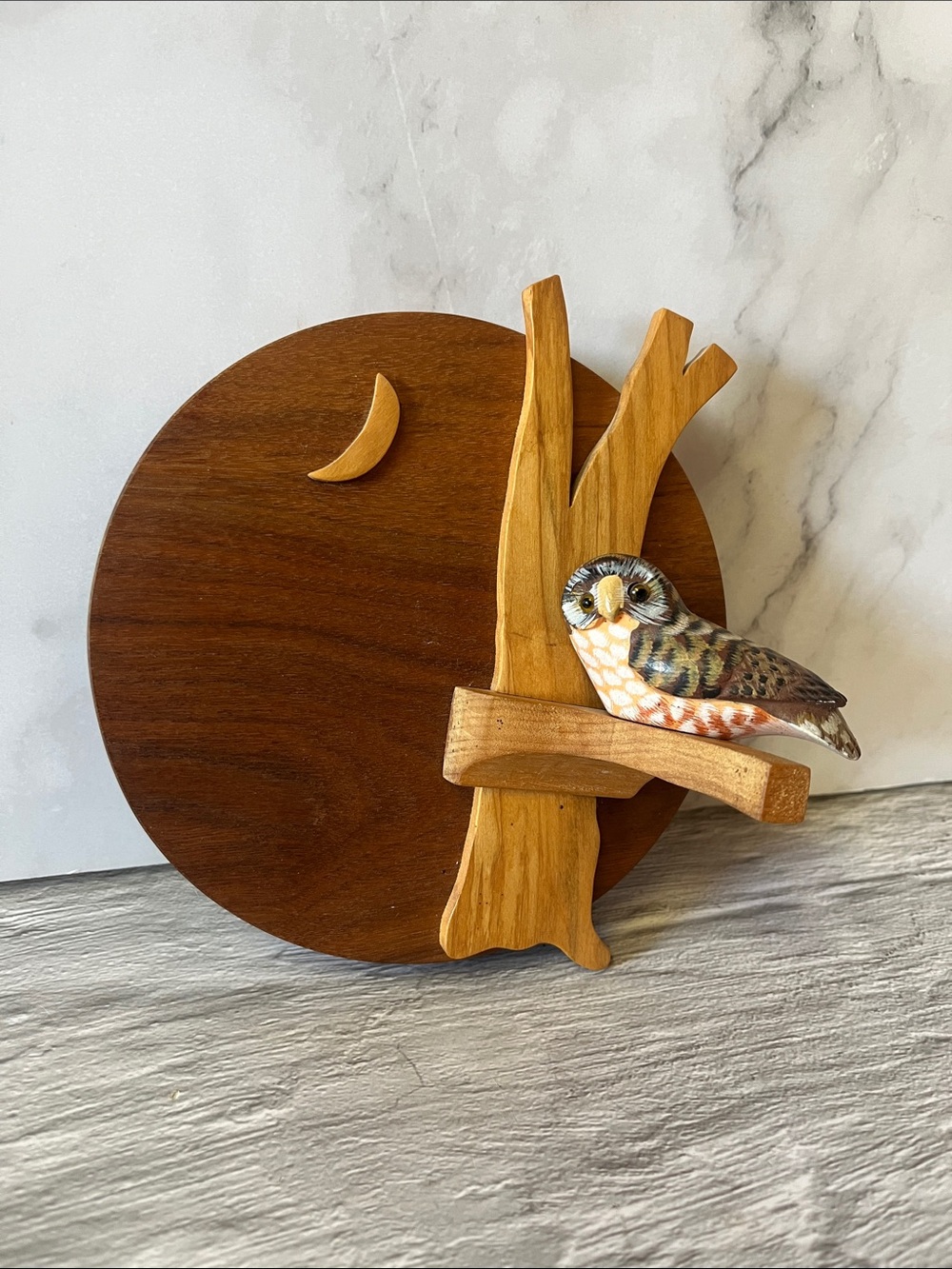 Vintage Hand-Carved Wooden Owl In Tree Moon Wall Art Plaque